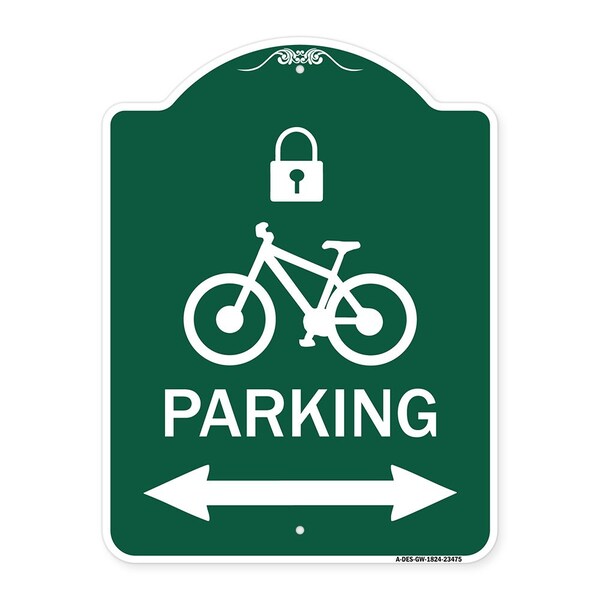 Parking W/ Lock Cycle & Bidirectional Arrow, Green & White Aluminum Sign, 18" x 24", GW-1824-23475